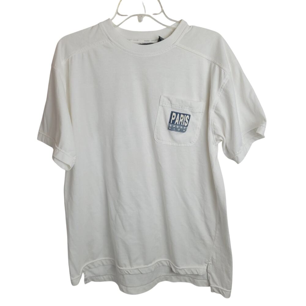 Vintage Paris Sport Club Single Stitch T-Shirt White Crew Neck Hi-Lo Men's Large
